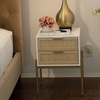 image:imageAndrew End Bedside or Side Table in Matte White Finish with Two Natural Rattan Drawers Doors for Storage and Brass Gold Accents for Living Room or Bedroom WhiteCaneGoldWhiteCaneGold