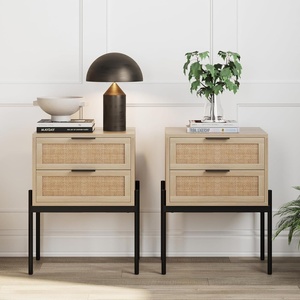 image:imageAndrew End Bedside or Side Table in Matte White Finish with Two Natural Rattan Drawers Doors for Storage and Brass Gold Accents for Living Room or Bedroom WhiteCaneGoldOakCaneGold