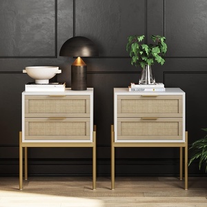 image:imageAndrew End Bedside or Side Table in Matte White Finish with Two Natural Rattan Drawers Doors for Storage and Brass Gold Accents for Living Room or Bedroom WhiteCaneGoldWhiteCaneGold