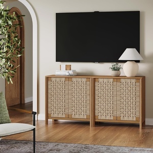 image:imageNathan James Aerie Rustic Wood TV Stand Boho Living Room Storage Cabinet with Seagrass Door Panels and Solid Wood Legs Light Brown Set of 2