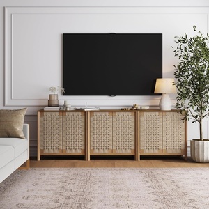image:imageNathan James Aerie Rustic Wood TV Stand Boho Living Room Storage Cabinet with Seagrass Door Panels and Solid Wood Legs Light Brown Set of 3