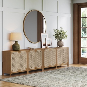 image:imageNathan James Aerie Rustic Wood TV Stand Boho Living Room Storage Cabinet with Seagrass Door Panels and Solid Wood Legs Light Brown Set of 4