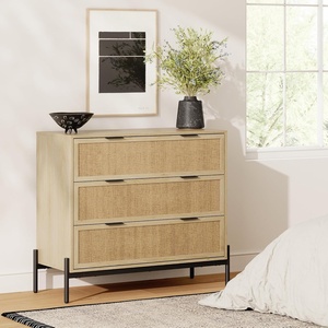 image:imageNathan James Andrew 3Drawer Rattan Dresser or Boheminan Living Room Storage Cabinet with Natural Rattan Accent and Metal Legs Light OakBlackLight BrownBlack