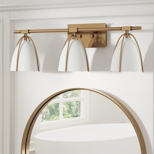 image:imageNathan James Aubrey 3Lights Farmhouse Wall Light Fixture Bathroom Vanity Light with Brass Metal Frame and Gold and White Cage Shades for Bathroom and Vanity Gold BrassWhiteGold BrassWhite