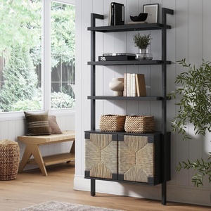 image:imageNathan James Beacon 3Shelf Bookcase with Seagrass Cabinet Solid Wood Bookshelf with Storage with Solid Wood Frame SeagrassRaw Oak Set of 3Brushed Blackseagrass