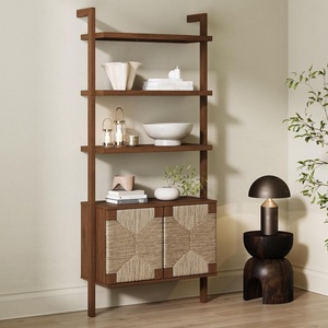 image:imageNathan James Beacon 3Shelf Bookcase with Seagrass Cabinet Solid Wood Bookshelf with Storage with Solid Wood Frame SeagrassRaw Oak Set of 3Dark Brownseagrass