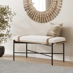 image:imageNathan James Beacon Bohemian Bench Seat with Shoe Storage Seagrass Entryway or End of Bed Bench with Solid Wood Frame Brushed Light BrownWhite BoucleLight OakMatte Black