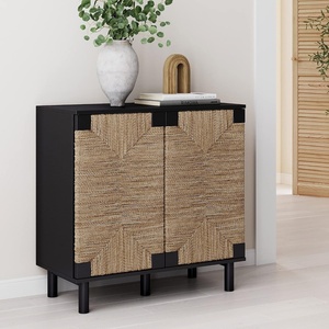 image:imageNathan James Beacon Boho TV Stand Free Standing Kitchen Cabinet Storage with Adjustable Interior Shelf and Seagrass Accent SeagrassRaw Oak Set of 2Brushed Blackseagrass