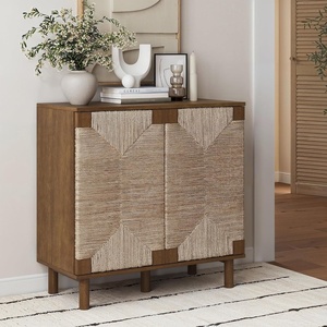 image:imageNathan James Beacon Boho TV Stand Free Standing Kitchen Cabinet Storage with Adjustable Interior Shelf and Seagrass Accent SeagrassRaw Oak Set of 2Dark Brownseagrass
