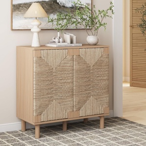 image:imageNathan James Beacon Boho TV Stand Free Standing Kitchen Cabinet Storage with Adjustable Interior Shelf and Seagrass Accent SeagrassRaw Oak Set of 2Raw Oakseagrass