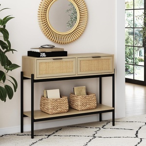 image:imageNathan James Beacon Wooden Sofa Console Table with Drawers Bohemian Entryway Table Hallway Table with Seagrass Shelf Light BrownAndrew Light OakBlack