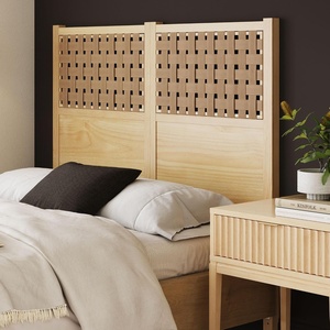 image:imageNathan James Charlie Wall Mount Hanging Upholstered Headboard Queen White Boucle with Brown Faux Leather StrapsNatural Brown Wood
