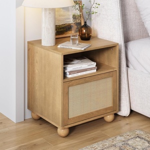 image:imageNathan James Franco Faux Rattan Side Table Nightstand with Storage Rustic Bedside Table with Solid Wood Legs Light Brown
