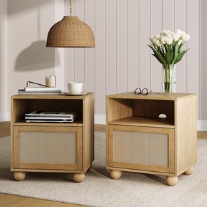 image:imageNathan James Franco Faux Rattan Side Table Nightstand with Storage Rustic Bedside Table with Solid Wood Legs Light Brown Set of 2