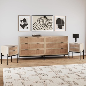 image:imageNathan James Harper Mid Century Modern Set Solid Wood Living Room Storage with 2 Nightstands Solid Wood Legs and Metal Drawer Pulls AcaciaBlackLight BrownRattan