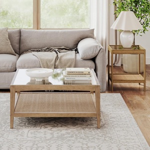 image:imageNathan James Hayes Glass Coffee Table and Side Table Set with Rattan Bottom Shelf Bohemian 3Piece Living Room SetLight BrownGlass