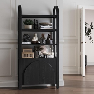 image:imageNathan James Iris 3 Tier Bookshelf Arched Bookcase Cabinet Solid Wood Bookcase with Cabinet Base Boho Bookshelf in Midnight Charcoal FinishIris Midnight Charcoal