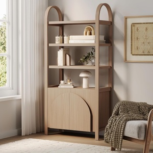 image:imageNathan James Iris 3 Tier Bookshelf Arched Bookcase Cabinet Solid Wood Bookcase with Cabinet Base Boho Bookshelf in Midnight Charcoal FinishRaw Oak