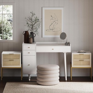 image:imageNathan James Jasper MidCentury Modern Desk Wall Unit Vanity and Nightstand Set Wood Desk with Drawer and Side TableWhite