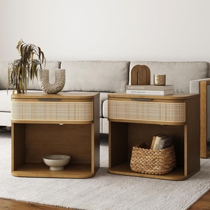 image:imageNathan James Keith Farmhouse Bedside Table Modern Coastal Nightstand Rattan Nightstand with 1 Drawer for Bedroom Light Brown Set of 2