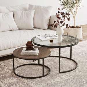 image:imageNathan James Kendall Round Modern Nesting Coffee Set of 2 Stacking Living Room Accent Tables Light BrownRustic OakGunmetalClear Glass