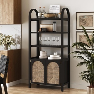 image:imageNathan James Leah Arched Bookcase 3Tier Bookshelf with Storage Cabinet Base Seagrass Door Fronts and Solid Wood Frame Light BrownBlack