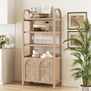 image:imageNathan James Leah Arched Bookcase 3Tier Bookshelf with Storage Cabinet Base Seagrass Door Fronts and Solid Wood Frame Light BrownRaw Oak
