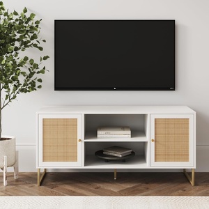 image:imageNathan James Mina Modern TV Stand Entertainment Cabinet Media Console with a Natural Rattan Storage Doors White Finish and Gold Brass Accents for Living Room or Media Room WhiteGoldMatte WhiteGold