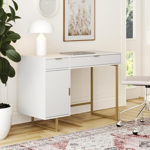 image:imageNathan James Parker Modern Home Office Writing Computer or Laptop Desk with Open Storage Cubby and Small Drawer WalnutWhitePale Gold
