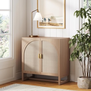 image:imageNathan James Paxton MidCentury Modern Wood Storage Cabinet with Doors Arched Storage Cabinet for Living Room or Kitchen with Rattan Door Details Raw OakRaw Oak