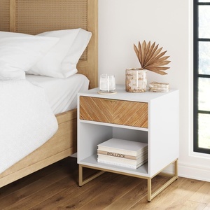 image:imageNathan James Tambellini Mid Century Modern Nightstand Bedside Table with Drawer and Cabinet Storage Solid Wood Legs and Fluted Door Fronts Light BrownWhiteGold