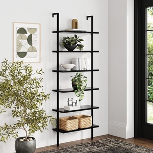 image:imageNathan James Theo 6Shelf Tall Modern Bookshelf Wall Mount Ladder Shelf Bookcase with Wood and Industrial Metal Frame Matte WhiteBlack