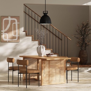 image:imageNathan James Willow Boho Rattan Dining Table Set for 4 Wood Dining Table Set of 4 Upholstered Dining Chairs with Rattan Back and Solid Wood Legs Cream BoucleWarm PineLight BrownFaux Leather