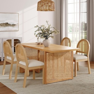 image:imageNathan James Willow Boho Rattan Dining Table Set for 4 Wood Dining Table Set of 4 Upholstered Dining Chairs with Rattan Back and Solid Wood Legs Cream BoucleWarm PineLight BrownRattan