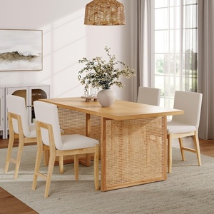 image:imageNathan James Willow Boho Rattan Dining Table Set for 4 Wood Dining Table Set of 4 Upholstered Dining Chairs with Rattan Back and Solid Wood Legs Cream BoucleWarm PineLight BrownWhite
