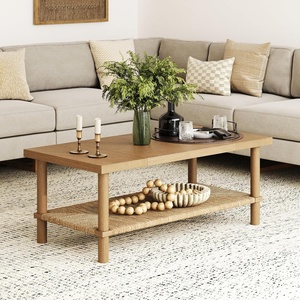 image:imageSonia Bohemian 2Tier Oval Coffee Table Living Room Cane Table with Storage Shelf and MidCentury Legs in Honey Brown Wood with Rattan AccentLight BrownSeagrass