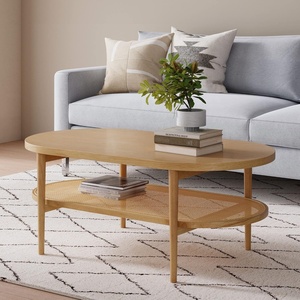 image:imageSonia Bohemian 2Tier Oval Coffee Table Living Room Cane Table with Storage Shelf and MidCentury Legs in Honey Brown Wood with Rattan AccentLight WoodRattan