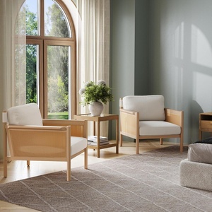 image:imageNathan James Hemming Upholstered Armchair Solid Wood Accent Chair with Boucle Upholstery and Faux Rattan Arm Inlay CreamRaw OakCreamRaw Oak
