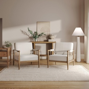 image:imageNathan James Hemming Upholstered Armchair Solid Wood Accent Chair with Boucle Upholstery and Faux Rattan Arm Inlay CreamRaw OakLight BrownCream Boucle