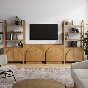 image:imageNathan James Iris Sideboard and Bookcase Set MidCentury Modern Solid Wood Storage Unit with Arched Doors 2 Cabinets and 2 Bookshelves with Cabinet Light Brown