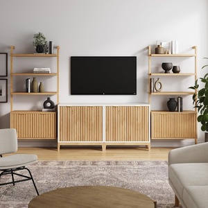 image:imageNathan James Jasper Sideboard and Bookcase Set MidCentury Modern Solid Wood Entertainment Center or Wall Storage Unit with Fluted Doors 2 Accent Cabinets and 2 Bookshelves Set Warm PineWhite