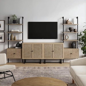 image:imageNathan James Kova Boho Rattan and Wood TV Wall Shelving Unit Accent Storage Cabinet in Black Wood and Rattan with Metal Frame and Cane Doors Black OakCaneLight OakRattan