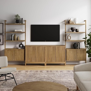 image:imageNathan James Jasper Sideboard and Bookcase Set MidCentury Modern Solid Wood Entertainment Center or Wall Storage Unit with Fluted Doors 2 Accent Cabinets and 2 Bookshelves Set Light Brown