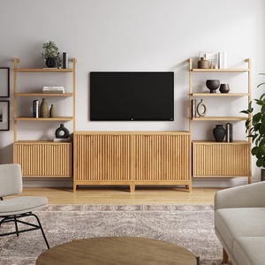image:imageNathan James Jasper Sideboard and Bookcase Set MidCentury Modern Solid Wood Storage Unit with Fluted Doors for TVs up to 65 2 Cabinets and 2 Bookshelves Warm Pine