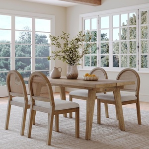 image:imageNathan James Andy Mid Century Modern Dining Set Extendable 8Seater Dining Table Set with 4 Upholstered Dining Chairs Brushed BlackLight BrownNatural Rattan