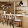 image:imageNathan James Veya Modern Solid Wood Bar Stool with Back and Wraparound Armrests Barrel Bar Stool with Boucle Upholstery Light Brown Set of 3Irie Light Brown